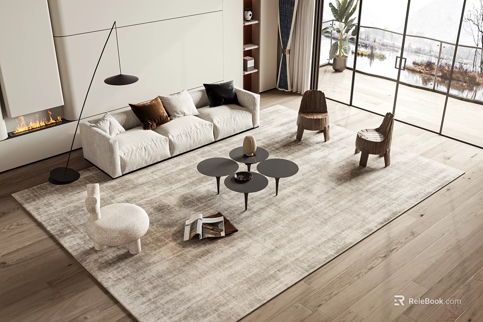 Modern Sofa Coffee Table Set With Accent Pillows Light Rug Wooden Floor And Floor Lamp 3d model 