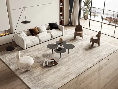 Modern Sofa Coffee Table Set With Accent Pillows Light Rug Wooden Floor And Floor Lamp 3d model