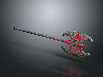 Fantasy Double Bladed Battle Axe With Red Glowing Patterns And Metal Handle 3d model
