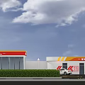 Bright Gas Station Exterior Design With Yellow Red Canopy Fuel Pumps And Vehicles