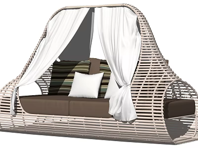 Stylish Rattan Outdoor Sofa With White Canopy And Striped White Cushions 3d model