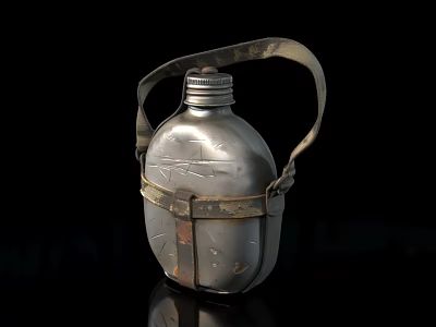 Vintage Metal Canteen With Leather Strap And Classic Retro Design 3d model