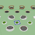 Circular Outdoor Chairs Arranged With Trees On Blue Brick Ground And White Edges