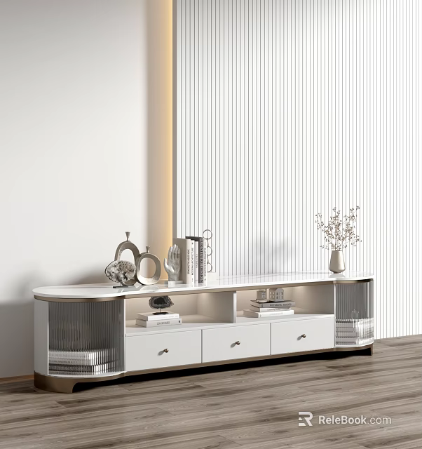 Modern TV Stand With Drawers And Open Shelves Decorative Items And Vase On Top 3d model