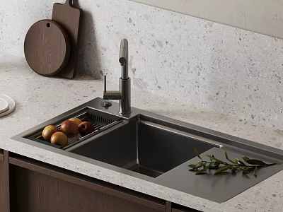 Modern Kitchen Sink Area With Stainless Steel Basin Drainer Basket Fruits And Wooden Cutting Board 3d model
