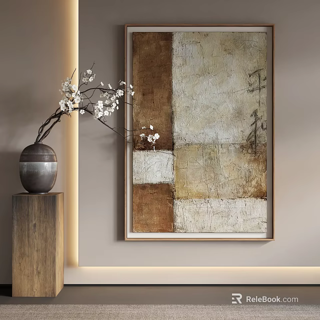 Textured Abstract Painting With Wooden Pedestal Vase White Flowers And Soft Lighting 3d model 