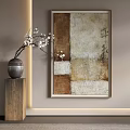 Textured Abstract Painting With Wooden Pedestal Vase White Flowers And Soft Lighting