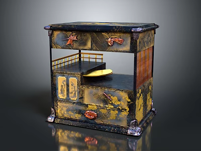Vintage Decorative Cabinet With Gold And Black Finish Intricate Carvings Drawers Shelves And Tray Top 3d model