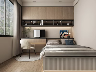 Modern Tatami Bedroom Interior Design With Tatami Bed Wooden Desk And Wall Shelves 3d model