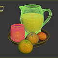 Fresh Orange Juice in Glass Pitcher and Cup with Oranges on Tray