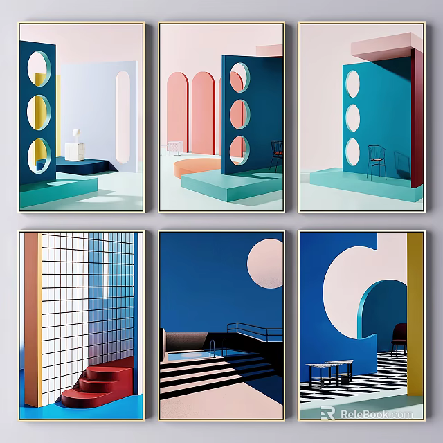 Modern Abstract Wall Art Prints With Geometric Shapes And Colorful Design Elements 3d model