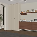 Walnut Sideboard in Modern Interior with Shelf Decorative Items Plant Microwave and Drawers