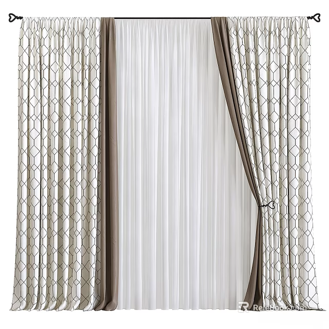 Modern Beige And Brown Curtains With Geometric Pattern And Striped Inner Layer 3d model 