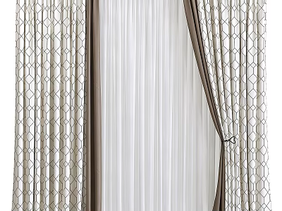 Modern Beige And Brown Curtains With Geometric Pattern And Striped Inner Layer 3d model