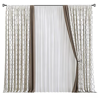 Modern Beige And Brown Curtains With Geometric Pattern And Striped Inner Layer 3d model