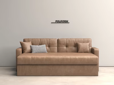 Brown Leather Sofa Bed With Cushions And POLIFORM Sign On Wall 3d model