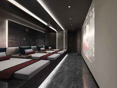 Luxurious SPA Sauna Interior With Comfortable Beds Decorative Artworks And Modern Lighting 3d model
