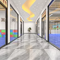 Mall Store Interior With Wooden Arc Wall White Reception Desk Green Plant And Smooth Floor