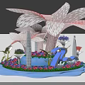 Pink White Sculptural Installation With Blue Base Colorful Flowers And Architectural Models