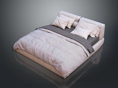 Modern Double Bed With Upholstered Headboard Striped Bedspread And White Pillows 3d model