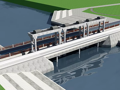 Water Sluice Structure With Concrete Gates And Water Reflection Near Green Lawn 3d model