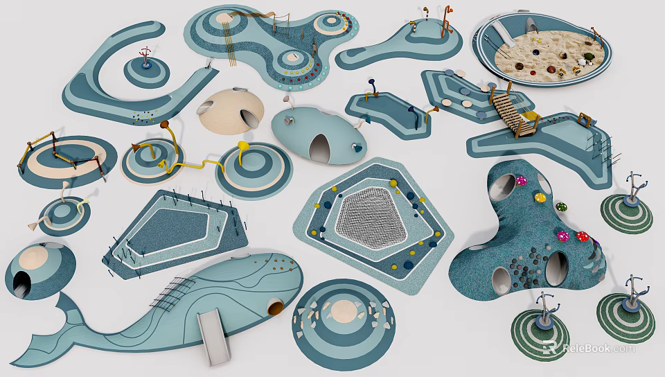 Diverse Playground Equipment Designs With Climbing Structures Slides Sandpit And Interactive Elements 3d model