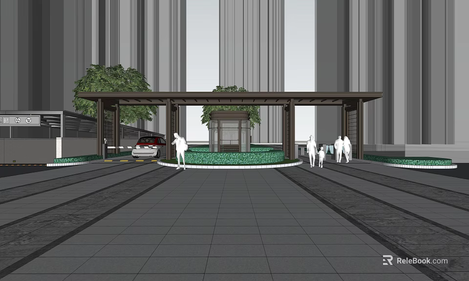 Covered Entrance Gate With Trees Modern Building Background And Pedestrians On Paved Ground 3d model 