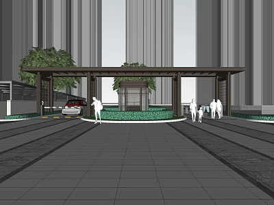 Covered Entrance Gate With Trees Modern Building Background And Pedestrians On Paved Ground 3d model