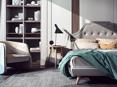 Upholstered Double Bed with Pillows Green Blanket Armchair Side Table Lamp Bookshelf Striped Rug 3d model