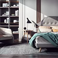 Nordic Background Double Bed Double Bed Bedside Table Combination 3d model