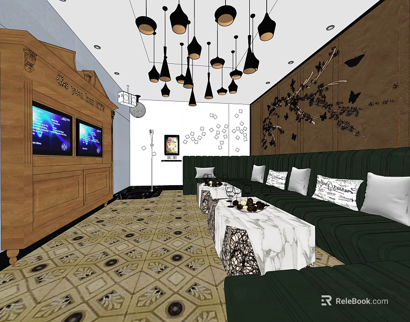 Stylish KTV Lounge Interior With Green Sofa TV Screens Hanging Chandeliers And Decorative Wall 3d model 