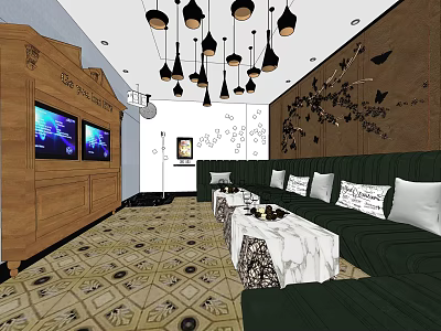Stylish KTV Lounge Interior With Green Sofa TV Screens Hanging Chandeliers And Decorative Wall 3d model