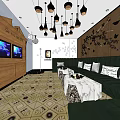 Stylish KTV Lounge Interior With Green Sofa TV Screens Hanging Chandeliers And Decorative Wall
