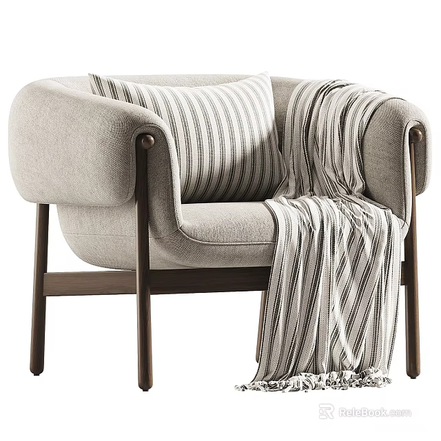 Modern Soft Fabric Leisure Chair With Sturdy Wooden Legs Striped Pillow And Cozy Decorative Blanket 3d model 