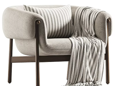 Modern Soft Fabric Leisure Chair With Sturdy Wooden Legs Striped Pillow And Cozy Decorative Blanket 3d model