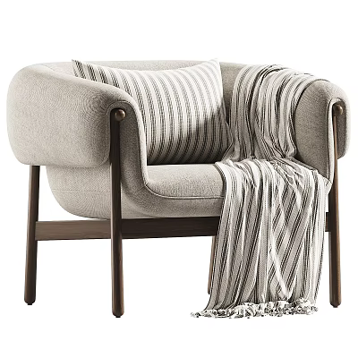 Modern Soft Fabric Leisure Chair With Sturdy Wooden Legs Striped Pillow And Cozy Decorative Blanket 3d model