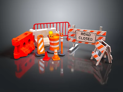 Road Construction Safety Scene With Red Barricades Orange Cones And Closed Signs 3d model