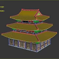 Traditional Three story Architectural Building With Black Roof Red Pillars And Green Decorations
