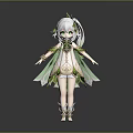Fantasy Elven Character With White Hair Green Eyes Translucent Wings And Decorative Green Dress