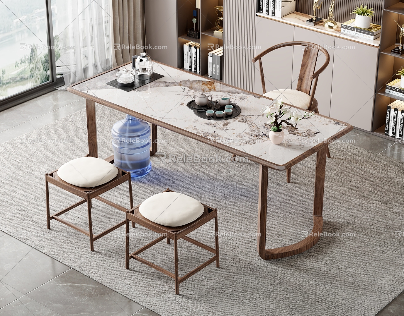 Modern Light Luxury Marble Tea Table and Chair Combination Tea Table Rock Plate Tea Table Tea Table Tea Tray Tea Set Backrest Chair Sofa Stool 3d model