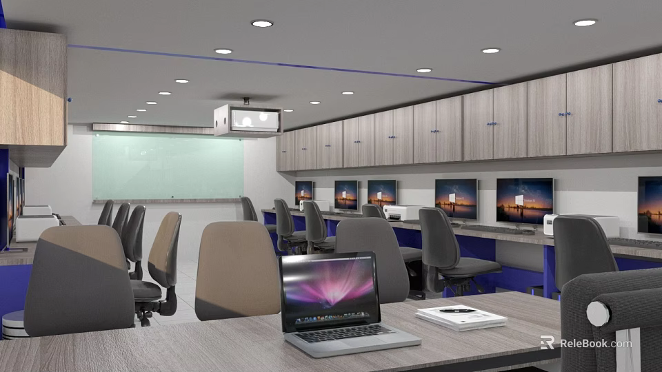 Modern Conference Room Interior With Whiteboard Projector Computer Monitors And Laptop 3d model 