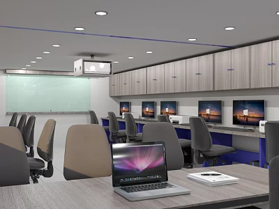 Modern Conference Room Interior With Whiteboard Projector Computer Monitors And Laptop 3d model