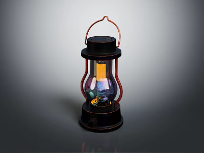 Vintage Candle Lantern With Metal Frame Glass Shade Red Handle And Black Base 3d model