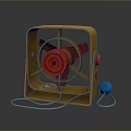 Computer Cooling Fan with Yellow Frame Red Blades Red Knobs and Blue Power Plug