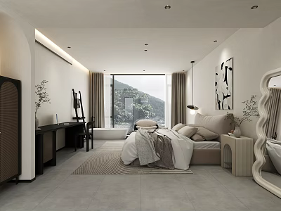 Modern Hotel Room With Comfortable Bed Mountain View Desk And Soft Lighting 3d model