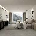 Modern Hotel Room With Comfortable Bed Mountain View Desk And Soft Lighting