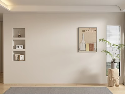 Minimalist Living Room Sofa Background Wall with White Decorative Painting Shelving and Green Plant 3d model