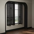 Interior Room With Arched Window Black Shutters White Walls Dark Wooden Floor And Outdoor View 3d model