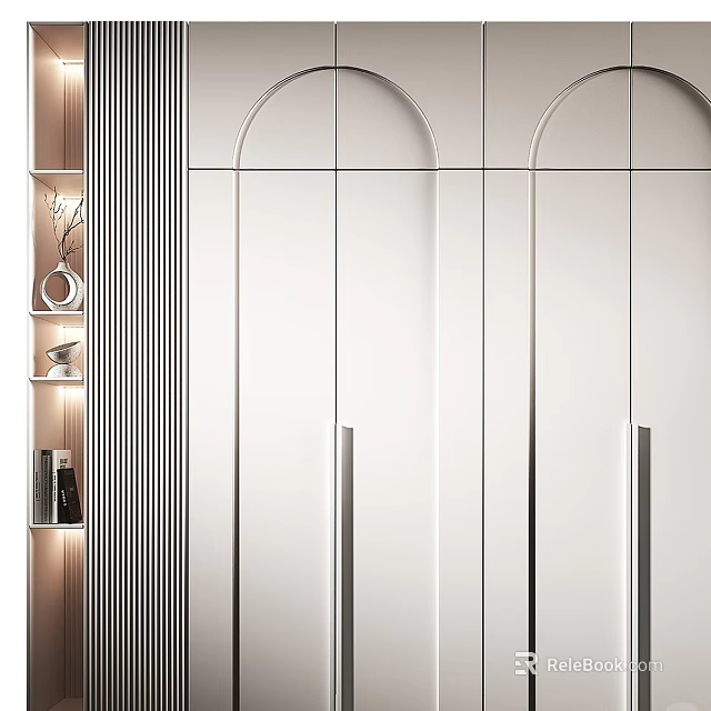 Elegant Modern Wardrobe Interior With White Arched Doors And Illuminated Side Shelves 3d model 