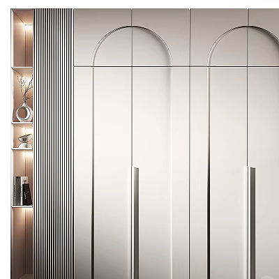 Elegant Modern Wardrobe Interior With White Arched Doors And Illuminated Side Shelves 3d model